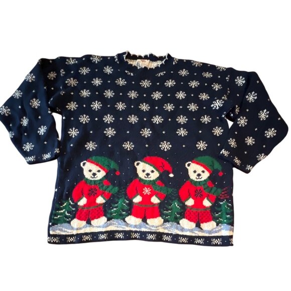 Vintage 90s Polar Bears Ugly Christmas Sweater Bears Large Acrylic - Picture 1 of 8